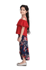 Girls Red Top and Floral 3/4th Pants Set