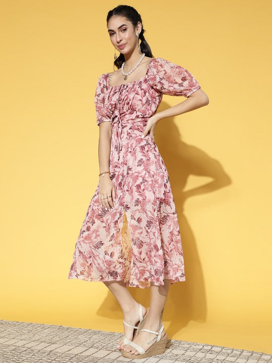 Women Pretty Pink Floral Volume Play Dress