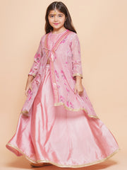Girls Pink Floral Printed Shrug & Ready to Wear Lehenga With Blouse.