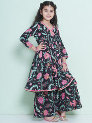 Girls Black Floral Printed Angrakha Kurta with Sharara