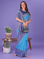 Vibrant Yellow & Blue Lichi Silk Saree with Rich Woven Border and Contrast Blouse – Festive & Wedding Wear