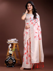 Elegant White & Light Green Leaf Print Cotton Saree for Women with Zari Border & Tassels – Soft & Lightweight Daily Wear Saree