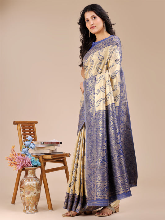 Graceful Cream and Navy Blue Silk Saree – Traditional Elegance with Royal Charm