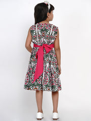 Cotton Blend Woven Sleeveless Flower Print Flared Frock - Green