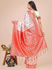 Elegant Banarasi Cotton Saree with Zari Leaf Motifs and Rich Pallu - Traditional Indian Saree for Festive & Wedding Wear