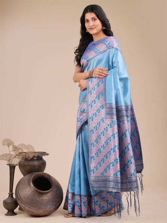 Radiant Sky Blue Silk Saree with Pink & Blue Floral Pattern – Perfect for Weddings & Festive Glamour