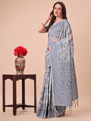 Banarasi Cotton Saree with Floral Zari Work and Traditional Pallu - Elegant Ethnic Wear for Festivals & Ceremonies