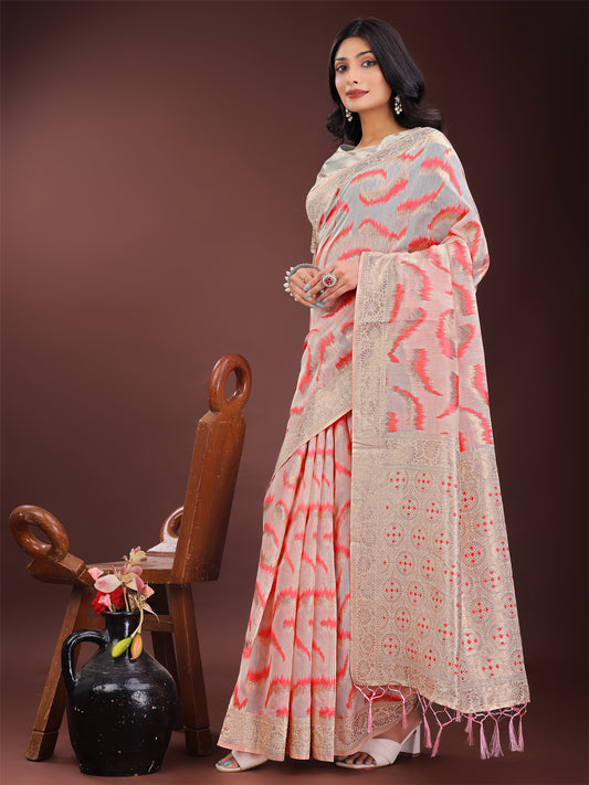 Elegant Beige & Coral Linen Saree with Zari Border and Abstract Pattern – Premium Festive & Office Wear
