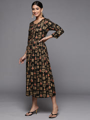 VARANGA BLACK GOLD PRINTED DRESS WITH ROUND NECK