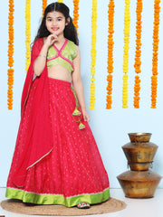 Girls Green & Pink Woven Design Choli, Ready to Wear Lehenga with Dupatta