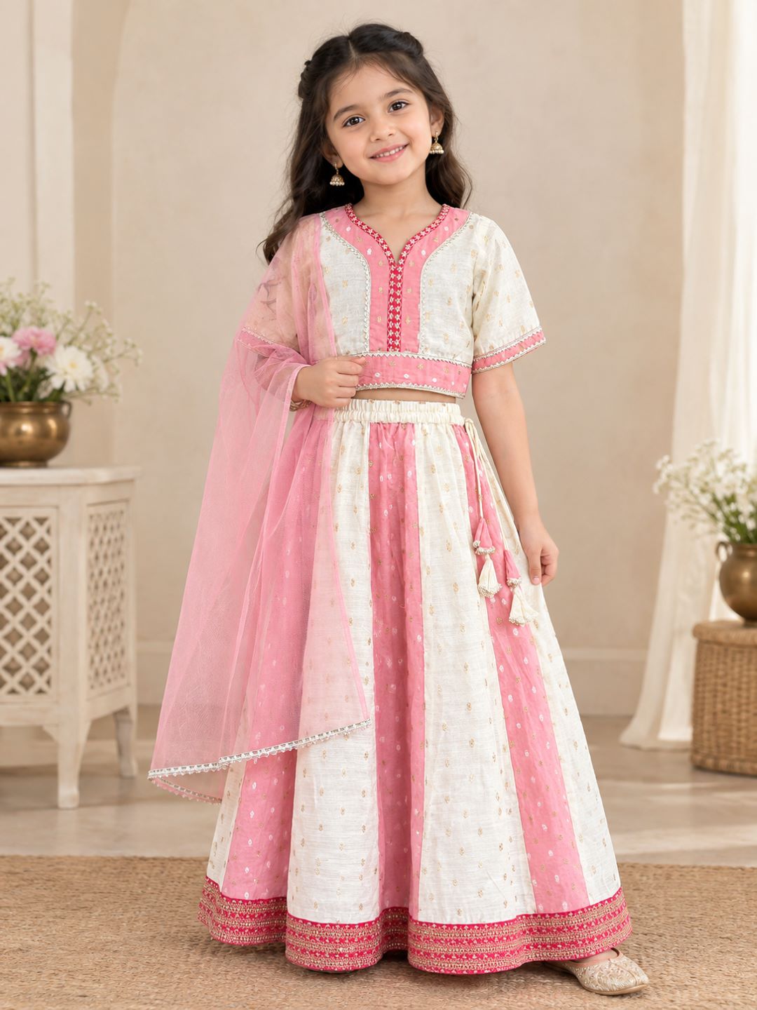 Girls Off White & Green Woven Design Embroidered Patti Lehenga, Choli, Dupatta