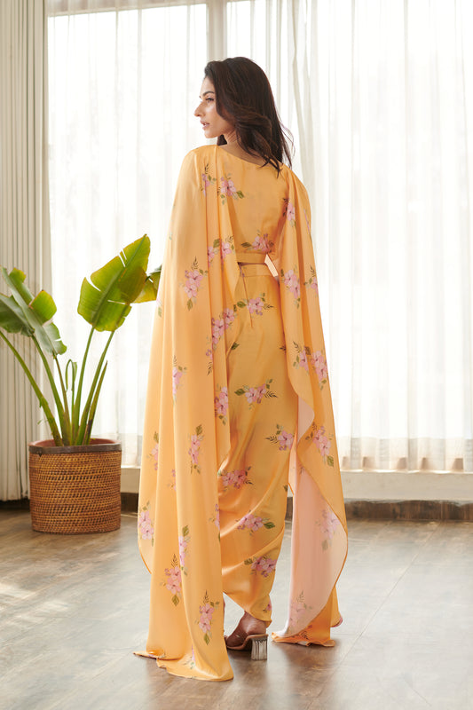 Jasmine Yellow Cape Sleeved Top & Skirt Set