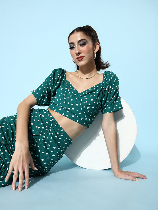 Women's Pleated Green Polka Top & Skirt Co-Ord Set