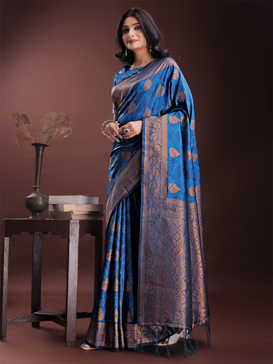 Majestic Royal Blue Banarasi Silk Saree with Golden Zari – Timeless Indian Ethnic Elegance for Weddings & Festive Occasions