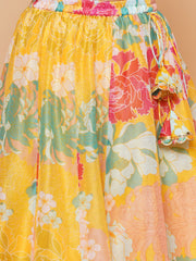 Girls Yellow Flower Digital Print Lace work Choli with Ready to wear Lehenga.