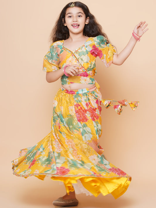 Girls Yellow Flower Digital Print Lace work Choli with Ready to wear Lehenga.
