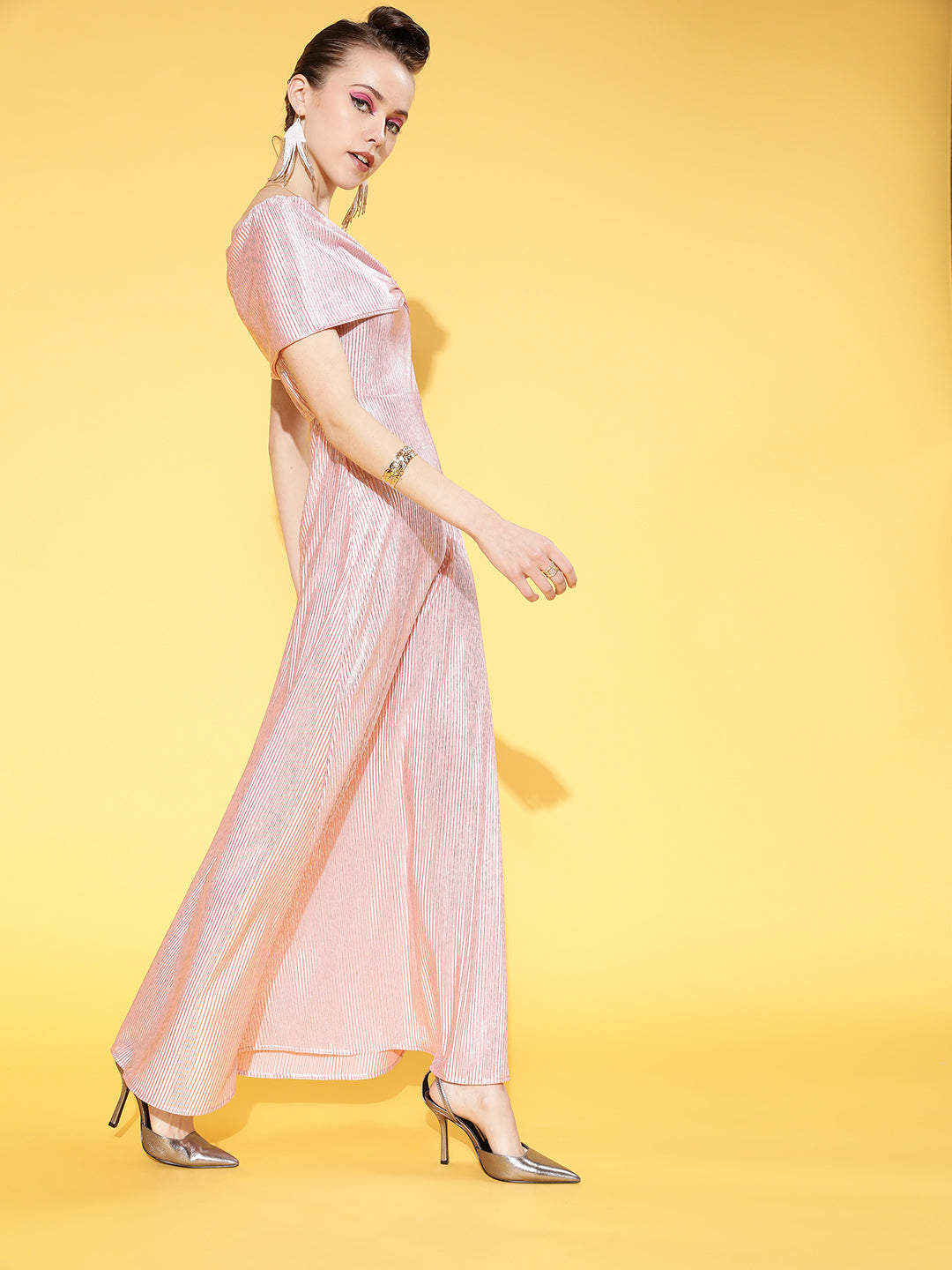Women Bright Pink Solid Pleated Form Dress