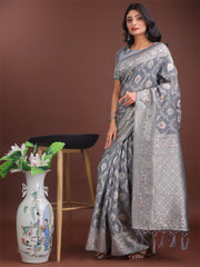 Elegant Sea Green Linen Cotton Saree with Silver Zari – Perfect Blend of Comfort & Charm