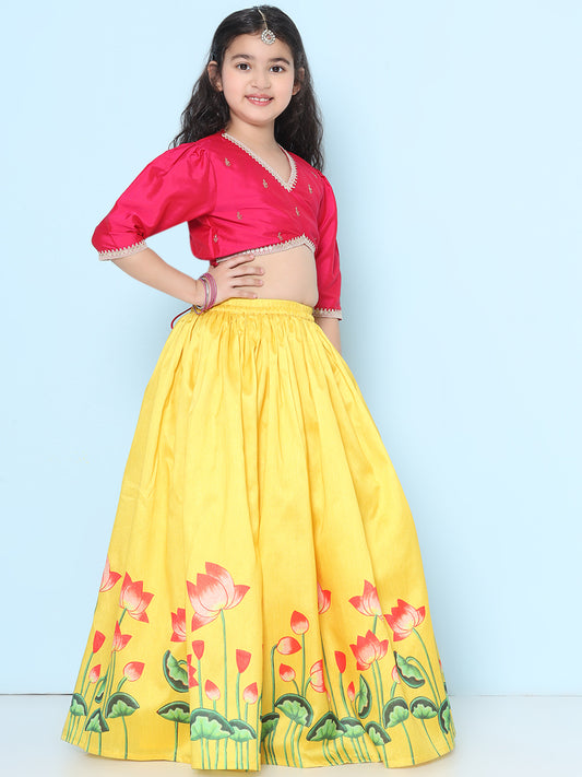 Girls Pink Embroidered Choli Yellow Ready to Wear Lehenga With Dupatta