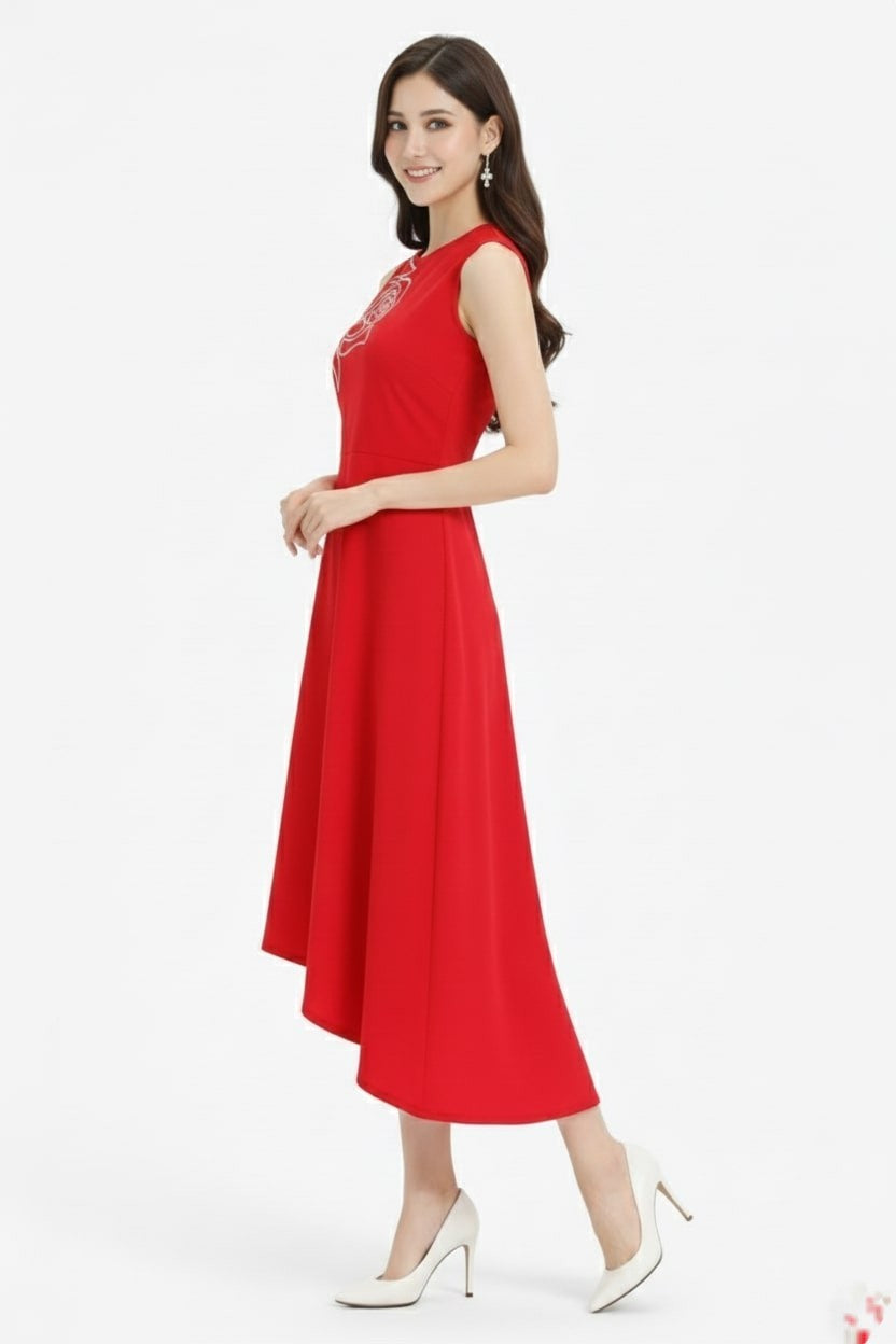 Red Embroidered Asymmetric Dress-ADR-19900