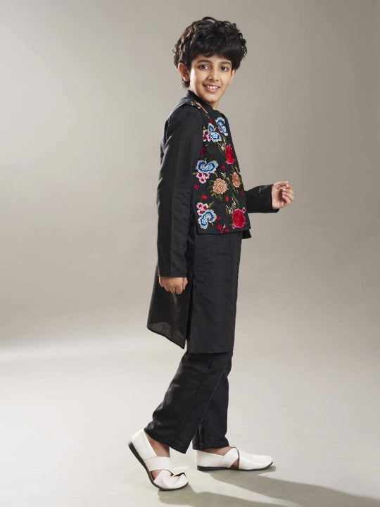 Boys Black kurta matching pajama with a black embroidry jacket