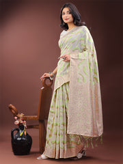Elegant Beige & Coral Linen Saree with Zari Border and Abstract Pattern – Premium Festive & Office Wear