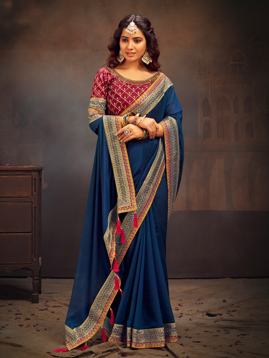 Women's Vichitra Silk Teal blue Embroidered Designer Saree With Blouse Piece