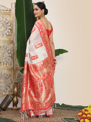 Premium Woven Linen Cotton Saree with Traditional Zari Border – Elegant Festive Look Perfect for Durga Puja, Navratri & Bengali Celebrations