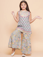 Girls Grey Pink Floral Printed Kurta With Sharara
