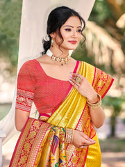Traditional Yellow Kanjivaram Silk Saree with Rich Red Border and Peacock Pallu Design