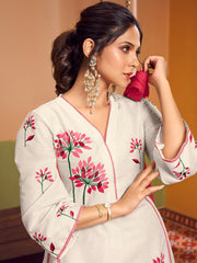 Off white colour Embroidered Anarkali Flared Kurta with Palazzos Dupatta.