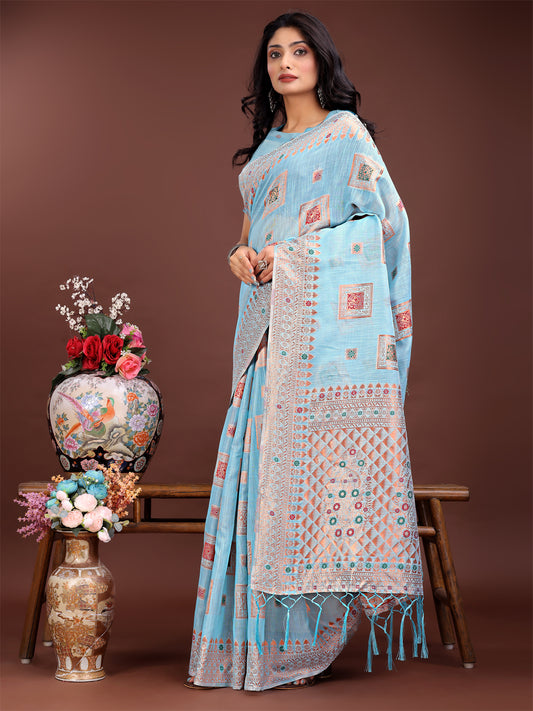Elegant Sky Blue Linen Saree with Intricate Woven Patterns – Lightweight Grace for Everyday and Festive Moments