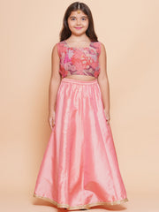 Girls Peach Floral Printed Shrug & Blouse With Ready to Wear Lehenga.
