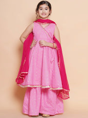 Girls Pink Ethnic motifs woven design Kurta With Sharara dupatta