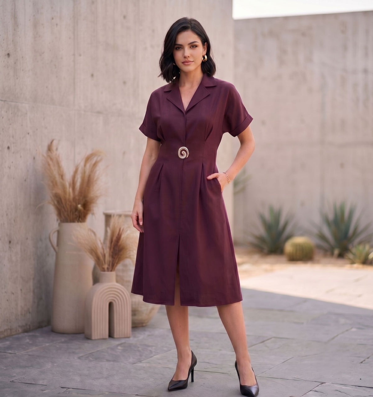 Burgundy Lapel Collar Embellished Dress-ADR-21217