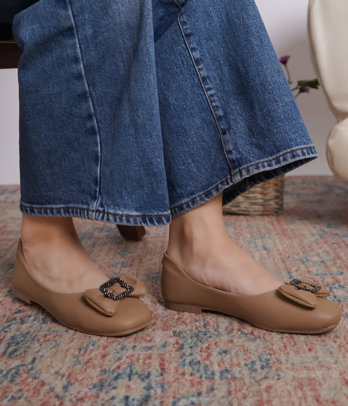 Beige Casual Ballerinas Square Toe Slip-On Flats