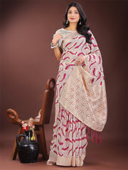 Elegant Beige & Coral Linen Saree with Zari Border and Abstract Pattern – Premium Festive & Office Wear