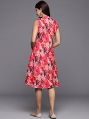 Varanga Women Pink Floral Printed Sleeveless A Line Dress.