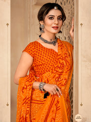 Women's Chiffon Orange Printed DesignerSaree With Blouse Piece