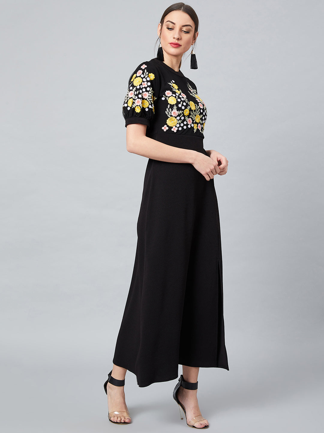 Black Embroidered Fit and Flare Dress