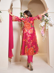 Pink Colour Floral Printed Flared Anarkali Kurta with Palazzos Dupatta.