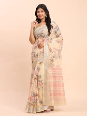 Soft Linen Cotton Saree for Women with Blouse | Elegant Cream Beige Saree with Peach Floral Print & Subtle Zari Border | Lightweight Daily & Festive Wear