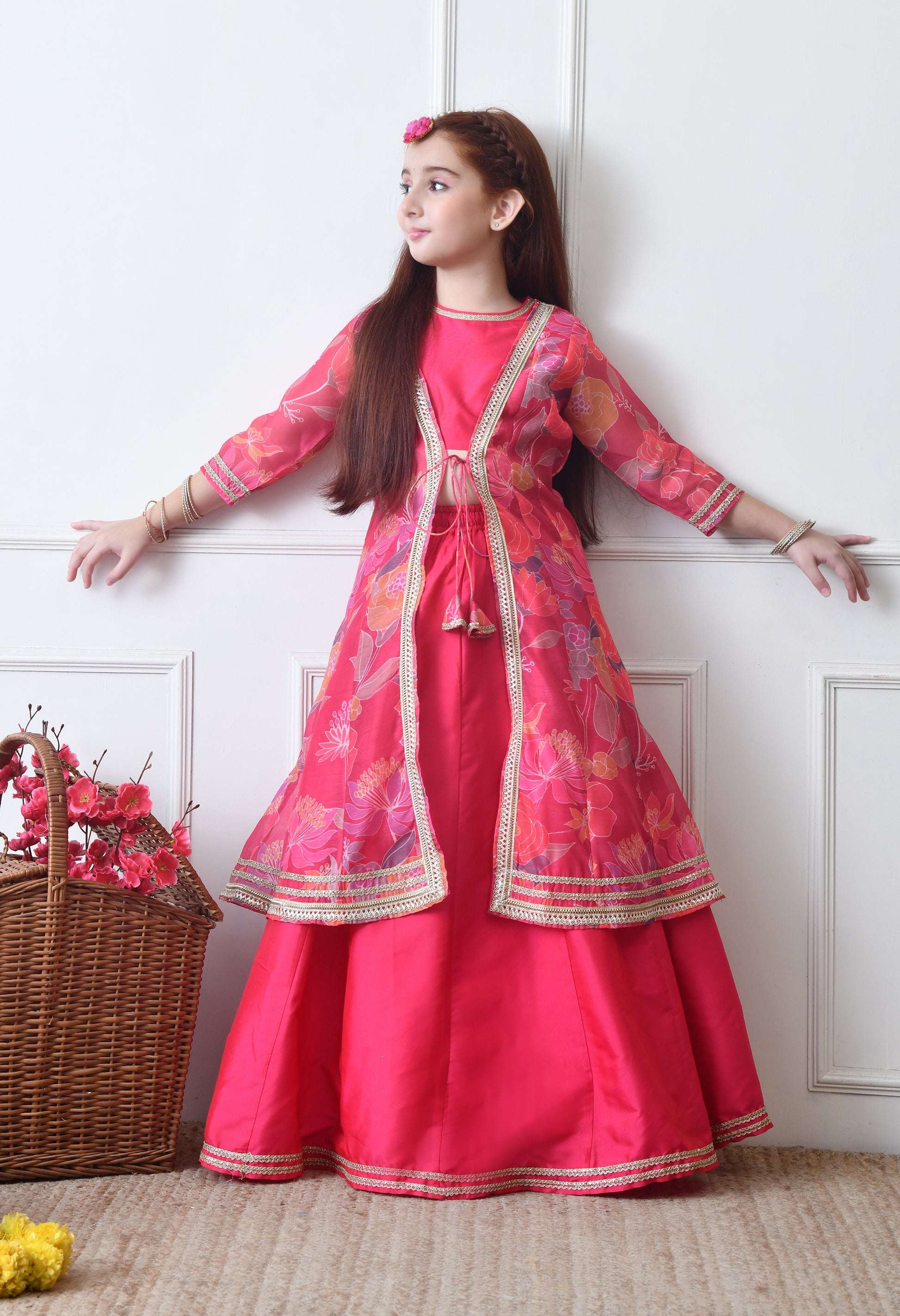 Girls Festive Pink Lehenga Choli with Printed Jacket Set