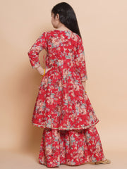 Girls Red Floral Printed Angrakha Kurta with Sharara