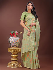 Elegant Orange Linen Cotton Saree with Floral Weave & Soft Gold Pallu – Graceful Choice for Casual, Office & Festive Looks