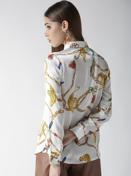 Women's White and Golden Animal Chain Print Shirt