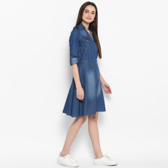 Women's Denim Knee Length Dress with Buttons