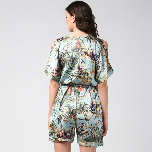 Women's Blue Satin Floral Playsuit