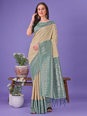 Vibrant Yellow & Blue Lichi Silk Saree with Rich Woven Border and Contrast Blouse – Festive & Wedding Wear