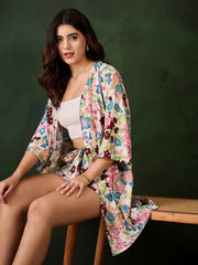 Women's Floral Printed Crepe Shrug and Shorts Set